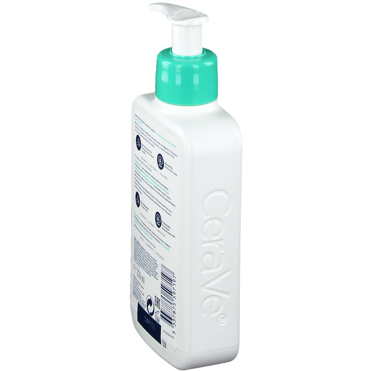 Flacone di gel detergente CeraVe, vista laterale. Testo: CeraVe.