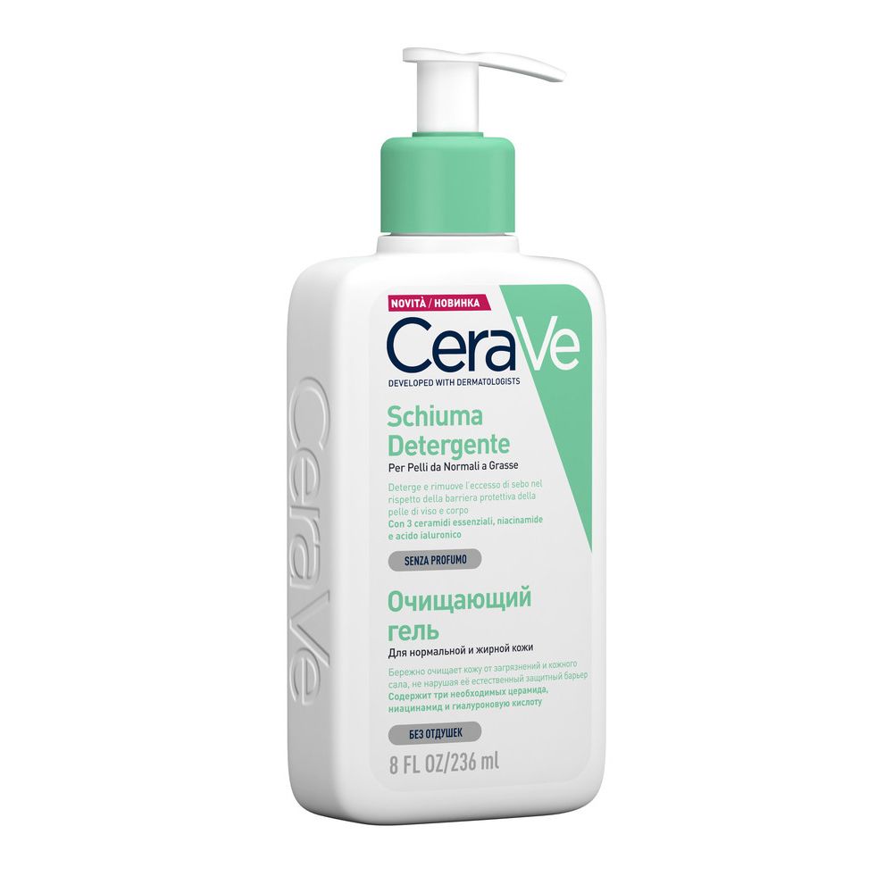 Flacone di gel detergente CeraVe con pompa. Scritta: Schiuma Detergente.