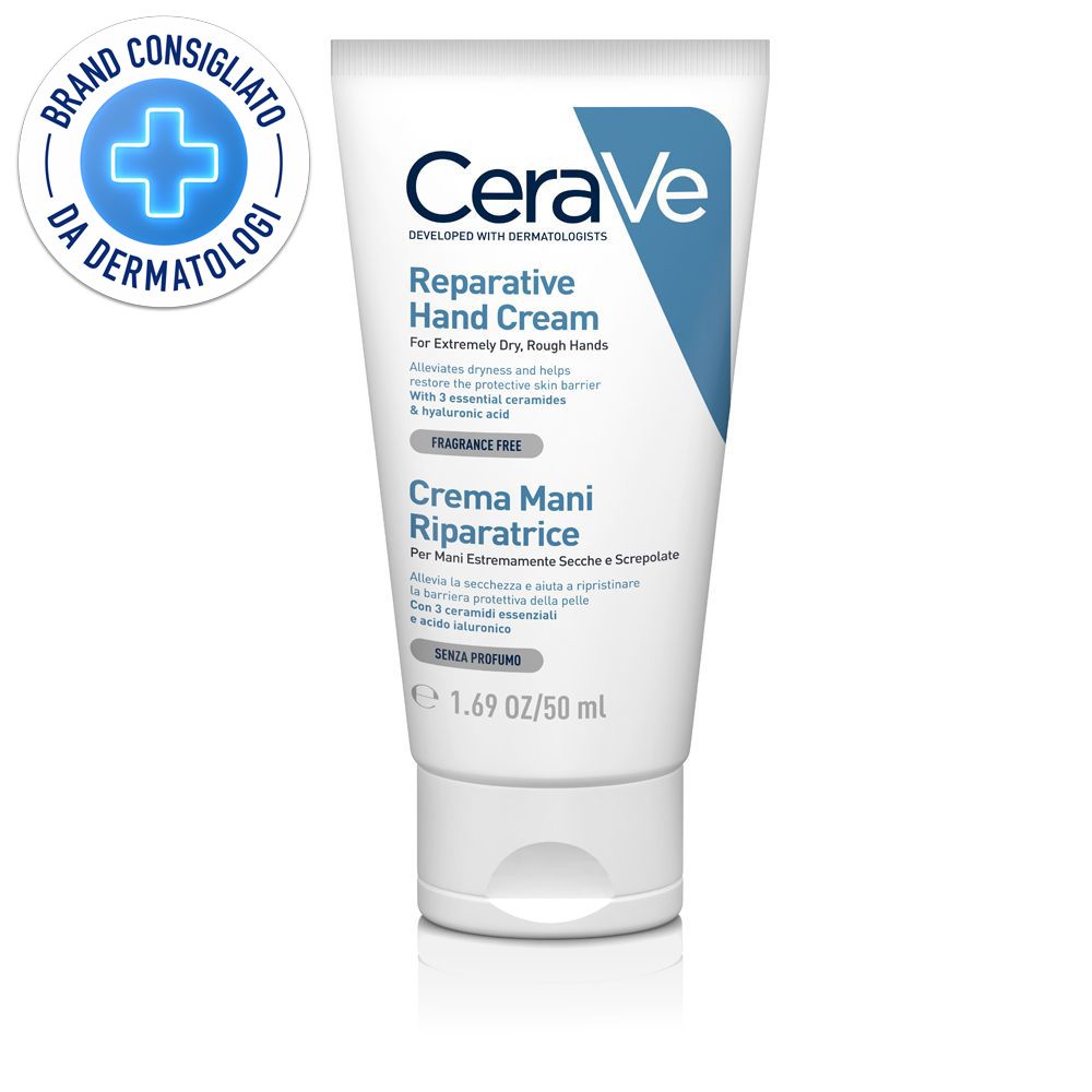 Tubo bianco di crema mani CeraVe. Testo blu: Crema Mani Riparatrice. Logo: Brand Consigliato da Dermatologi.