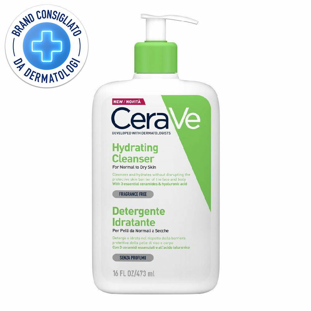 Dispenser bianco con erogatore verde. Testo: CeraVe Hydrating Cleanser. Prodotto raccomandato dai dermatologi. 473ml.