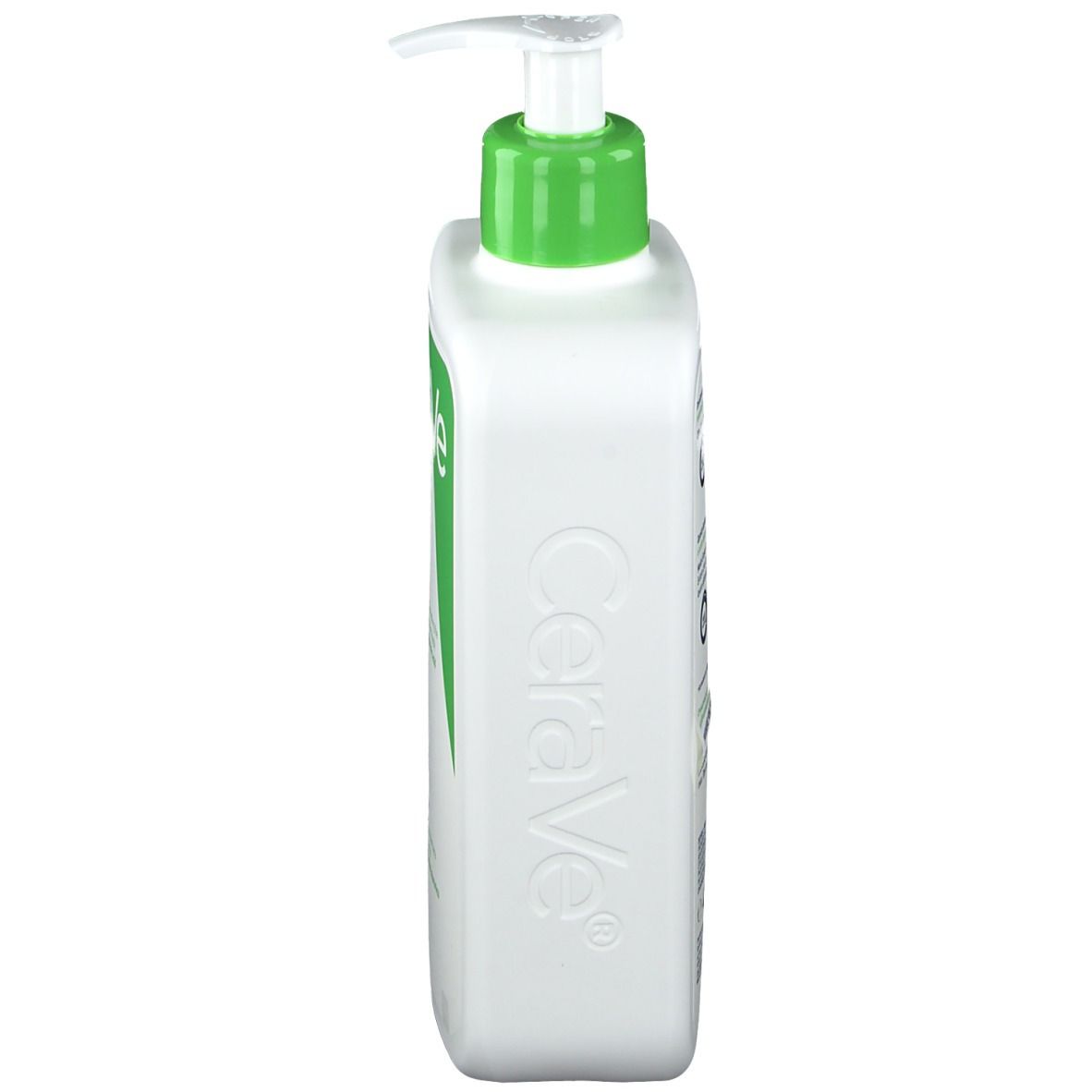 Vista laterale di un dispenser bianco con erogatore verde. Testo: CeraVe. Etichetta del prodotto.