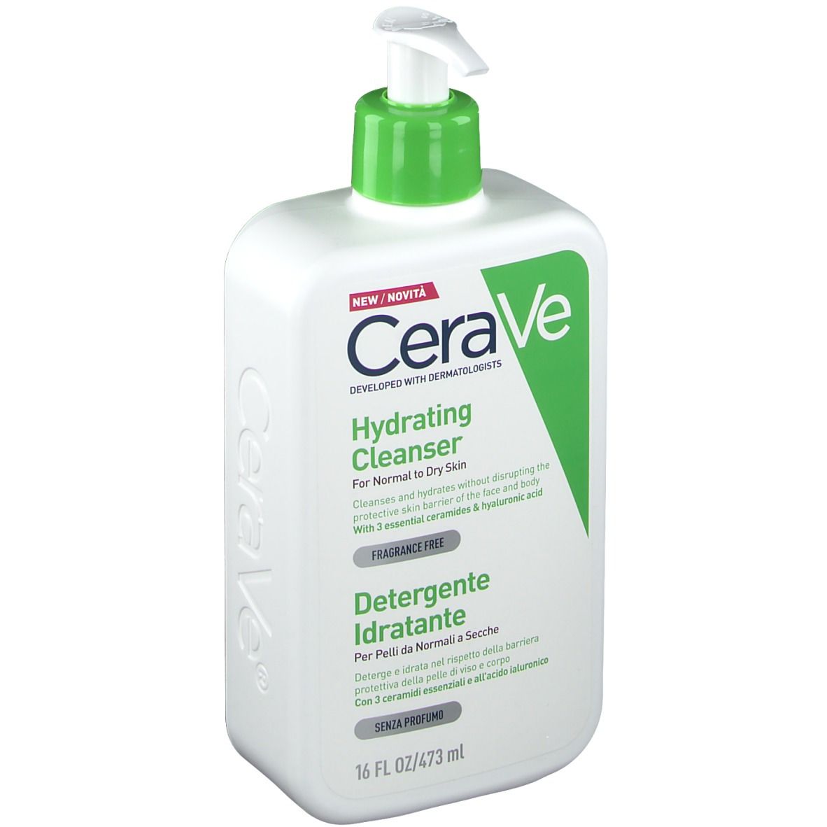 Dispenser bianco con erogatore verde. Testo: CeraVe Hydrating Cleanser. Per pelli da normali a secche. 473ml.