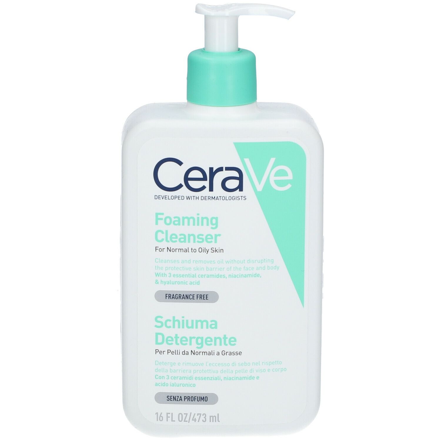 CeraVe schäumendes Reinigungsgel, weiße Flasche mit grünem Pumpkopf. Text: Foaming Cleanser, für normale bis fettige Haut.