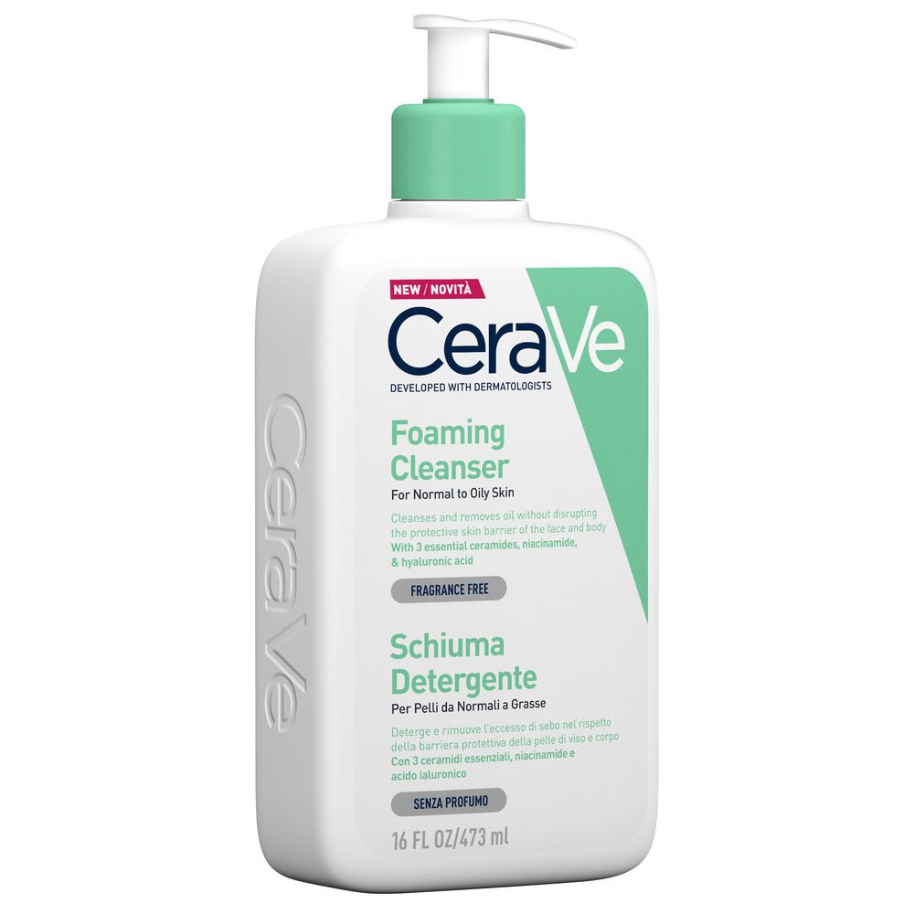 CeraVe schäumendes Reinigungsgel, weiße Flasche mit grünem Pumpkopf. Text: Foaming Cleanser, für normale bis fettige Haut.