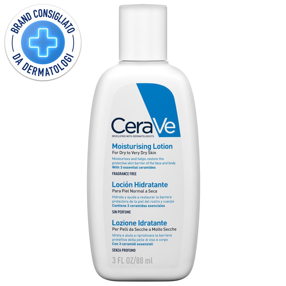 Weiße Flasche mit blauem Logo und Text. Aufschrift: CeraVe, Feuchtigkeitsspendende Lotion. Dermatologisch getestet.