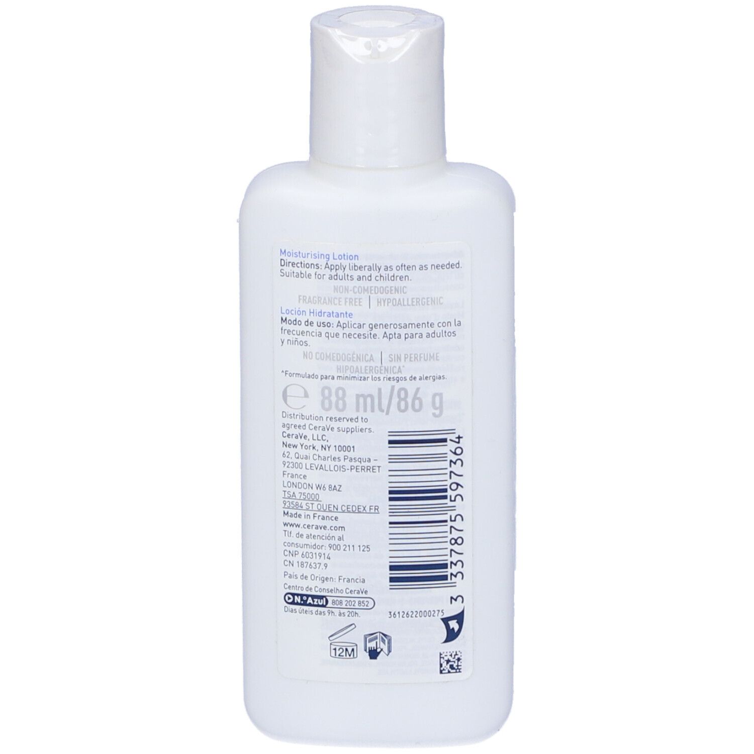 Rückseite einer weißen Flasche. Text: Feuchtigkeitsspendende Lotion. Inhaltsstoffe, Anwendungshinweise.
