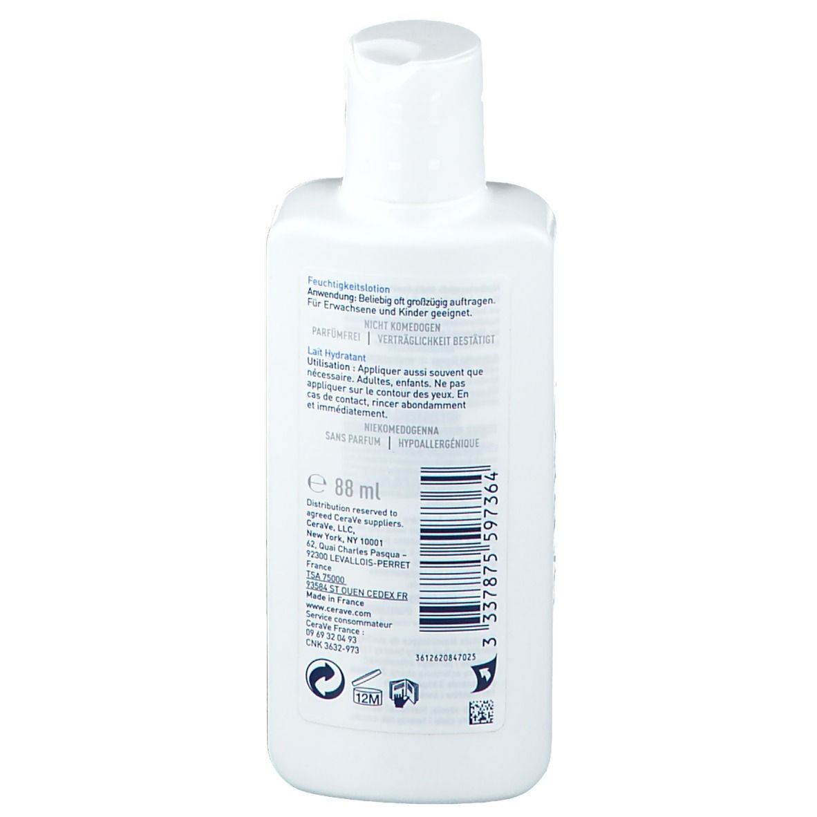 Rückseite einer weißen Flasche. Text: Feuchtigkeitsspendende Lotion. Inhaltsstoffe, Anwendungshinweise.