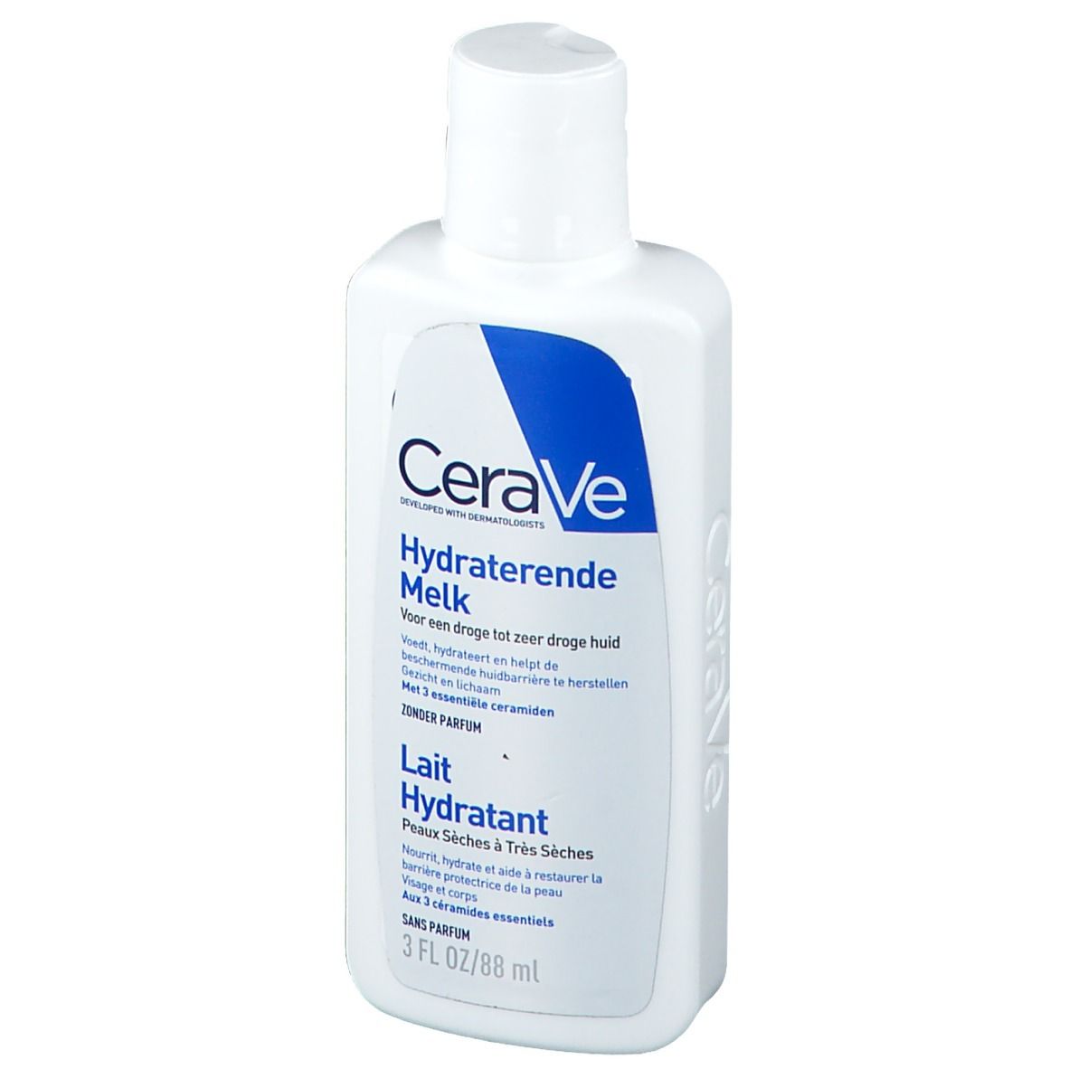Weiße Flasche mit blauem Logo und Text. Aufschrift: CeraVe, Feuchtigkeitsspendende Milch.