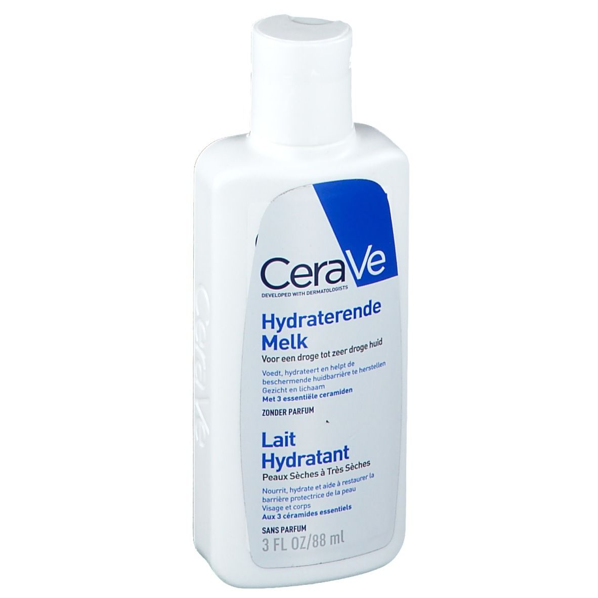 Weiße Flasche mit blauem Logo und Text. Aufschrift: CeraVe, Feuchtigkeitsspendende Milch.