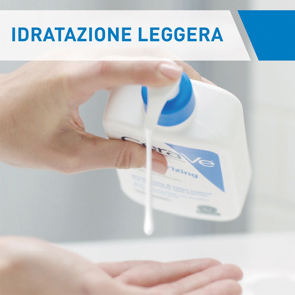 Hand drückt Lotion aus einer Flasche. Text: Leichte Feuchtigkeit.