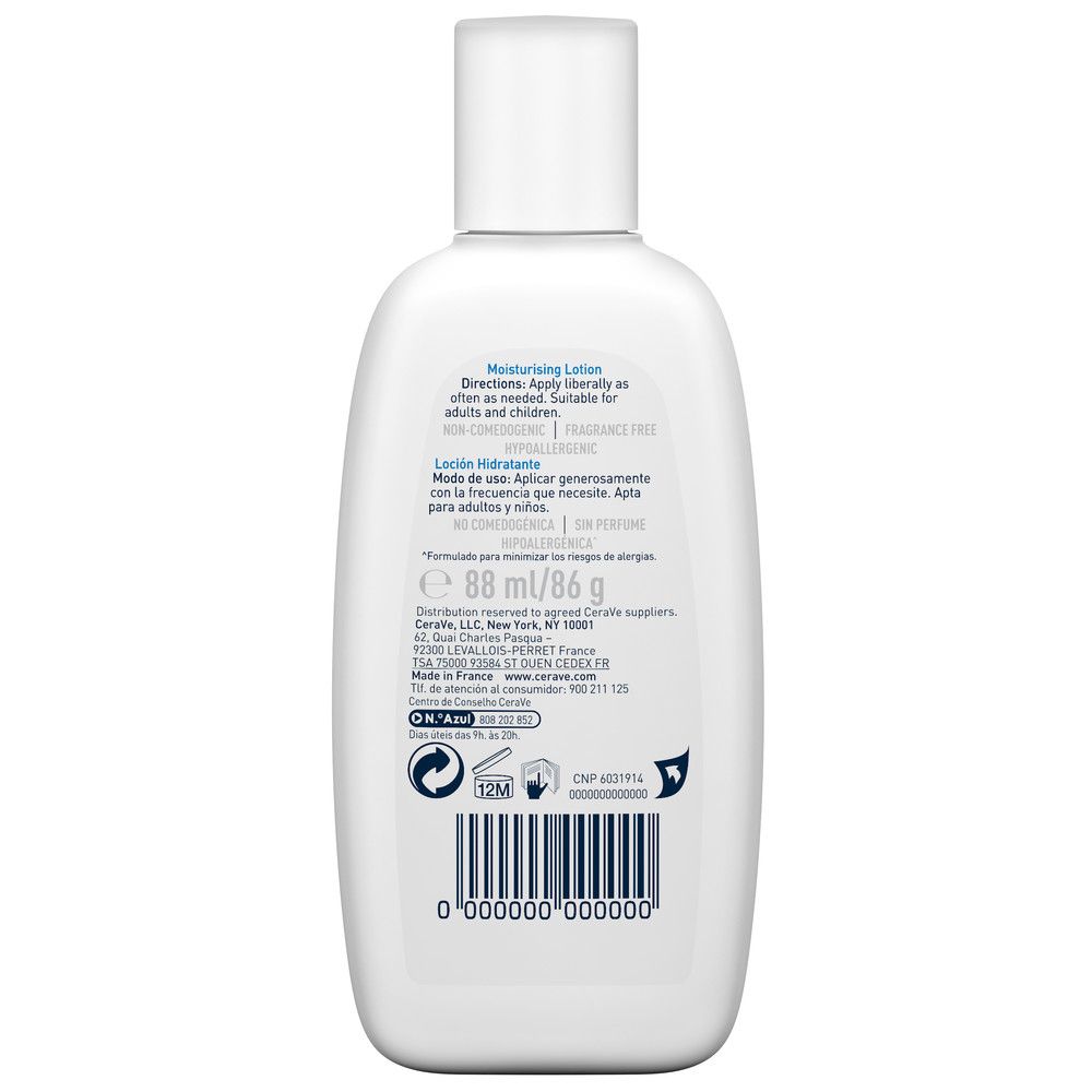 Rückseite einer weißen Flasche. Text: Feuchtigkeitsspendende Lotion. Inhaltsstoffe, Anwendungshinweise, Warnhinweise.