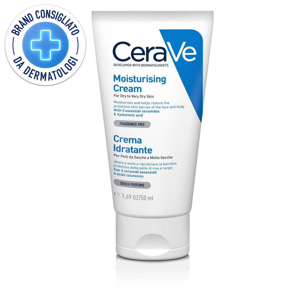 Tubo bianco con accento blu. Testo: CeraVe, Moisturising Cream, Creme Idratante. Logo: Brand Consigliato da Dermatologi.
