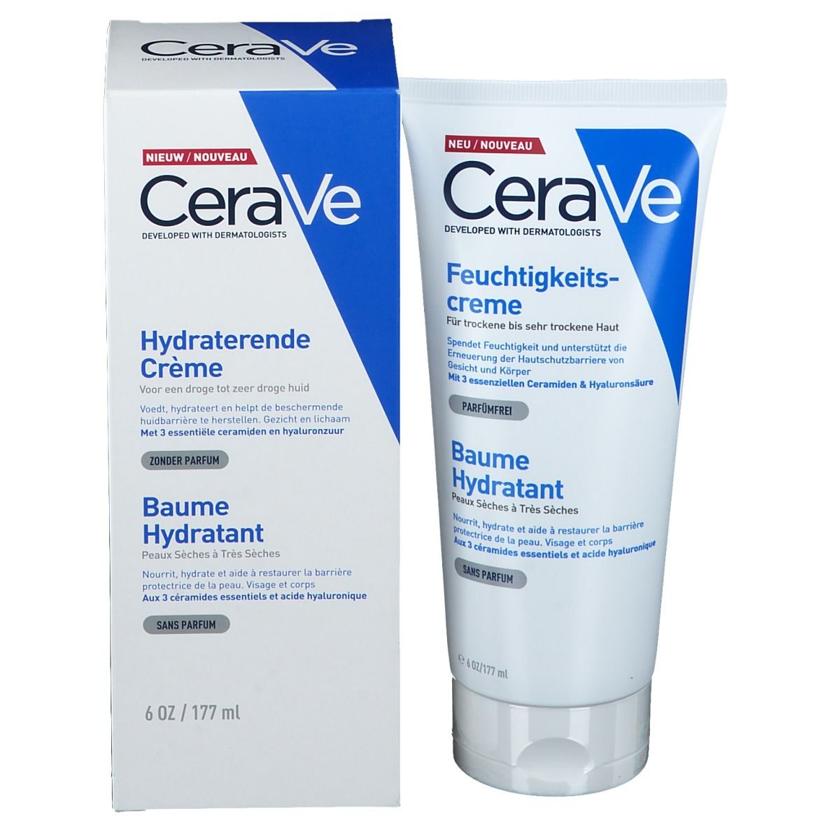 Confezione del prodotto. Testo: CeraVe, Baume Hydratant. Per pelli secche a molto secche. Senza profumo.
