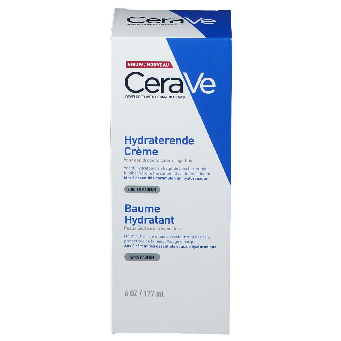 Confezione del prodotto. Testo: CeraVe, Baume Hydratant. Per pelli secche a molto secche. Senza profumo.