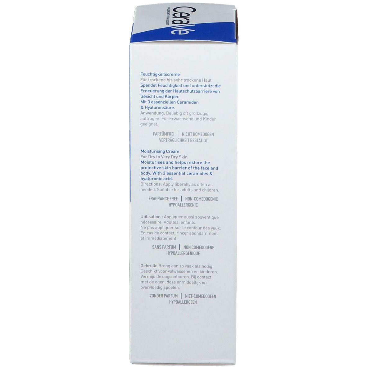 Retro della confezione. Testo: CeraVe, Moisturising Cream. Istruzioni per l'uso, ingredienti, informazioni.