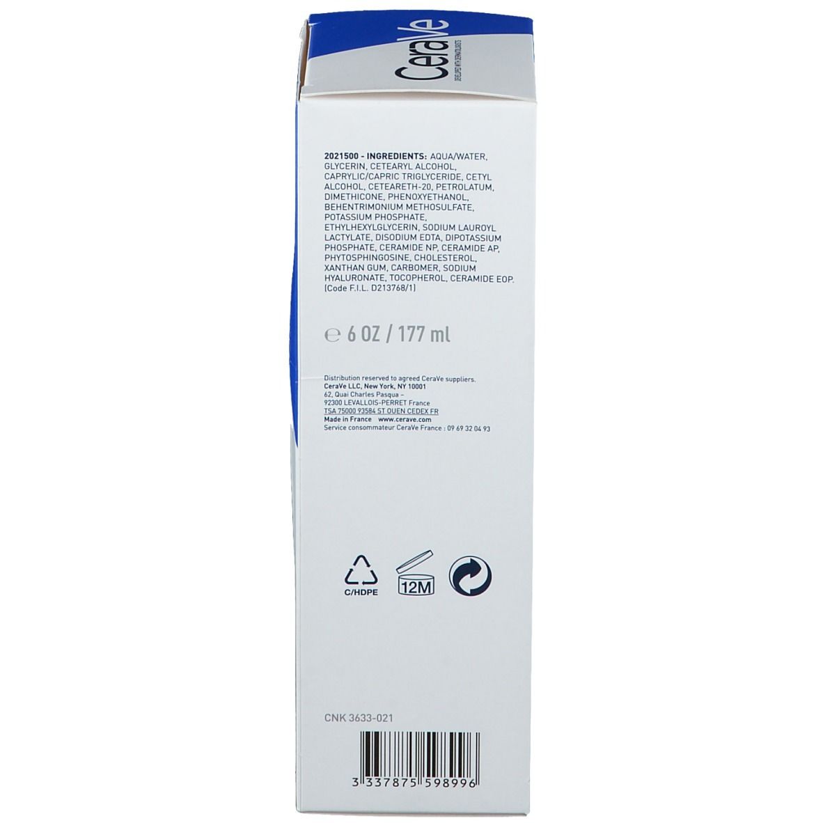 Retro della confezione. Testo: CeraVe, Moisturising Cream. Ingredienti, informazioni, simboli.