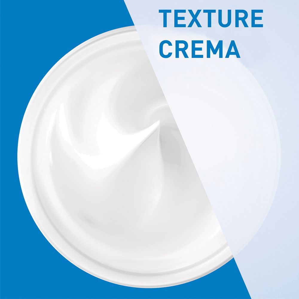 Primo piano di una crema bianca. Testo: TEXTURE CREMA. Su sfondo blu.
