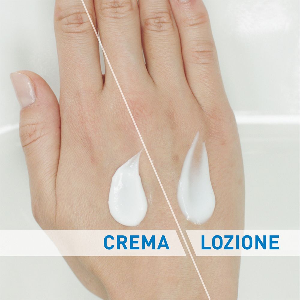 Mano con crema e lozione. Testo: CREMA, LOZIONE.