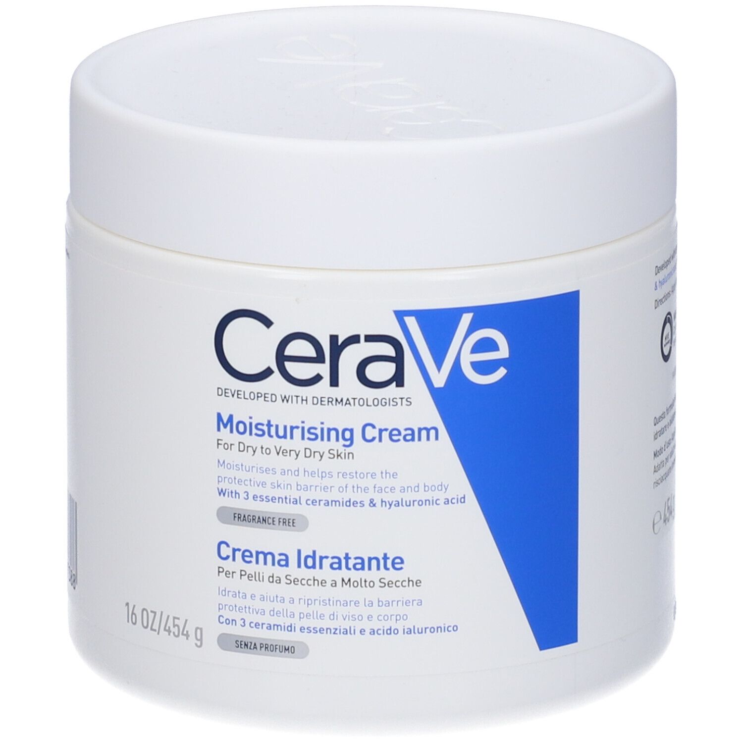 Vaso di crema CeraVe, crema idratante. Consigliato dai dermatologi. Confezione bianca.
