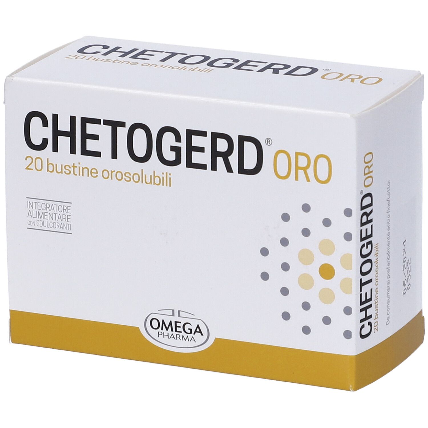 Scatola bianca con logo "Chetogerd Oro" e 20 bustine. Accenti dorati e logo Omega Pharma.
