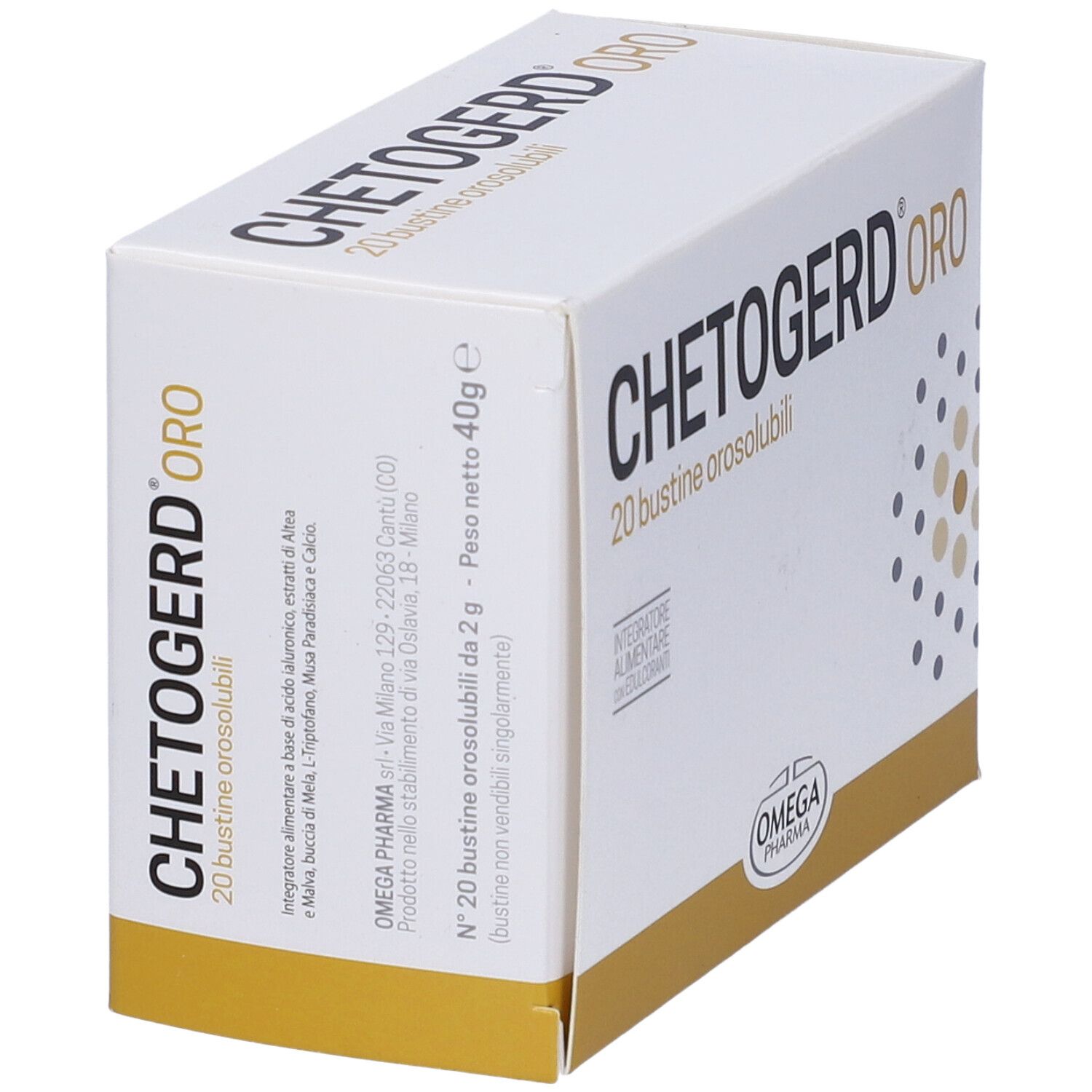 Scatola "Chetogerd Oro" con 20 bustine. Base dorata, logo Omega Pharma. Testo in italiano.