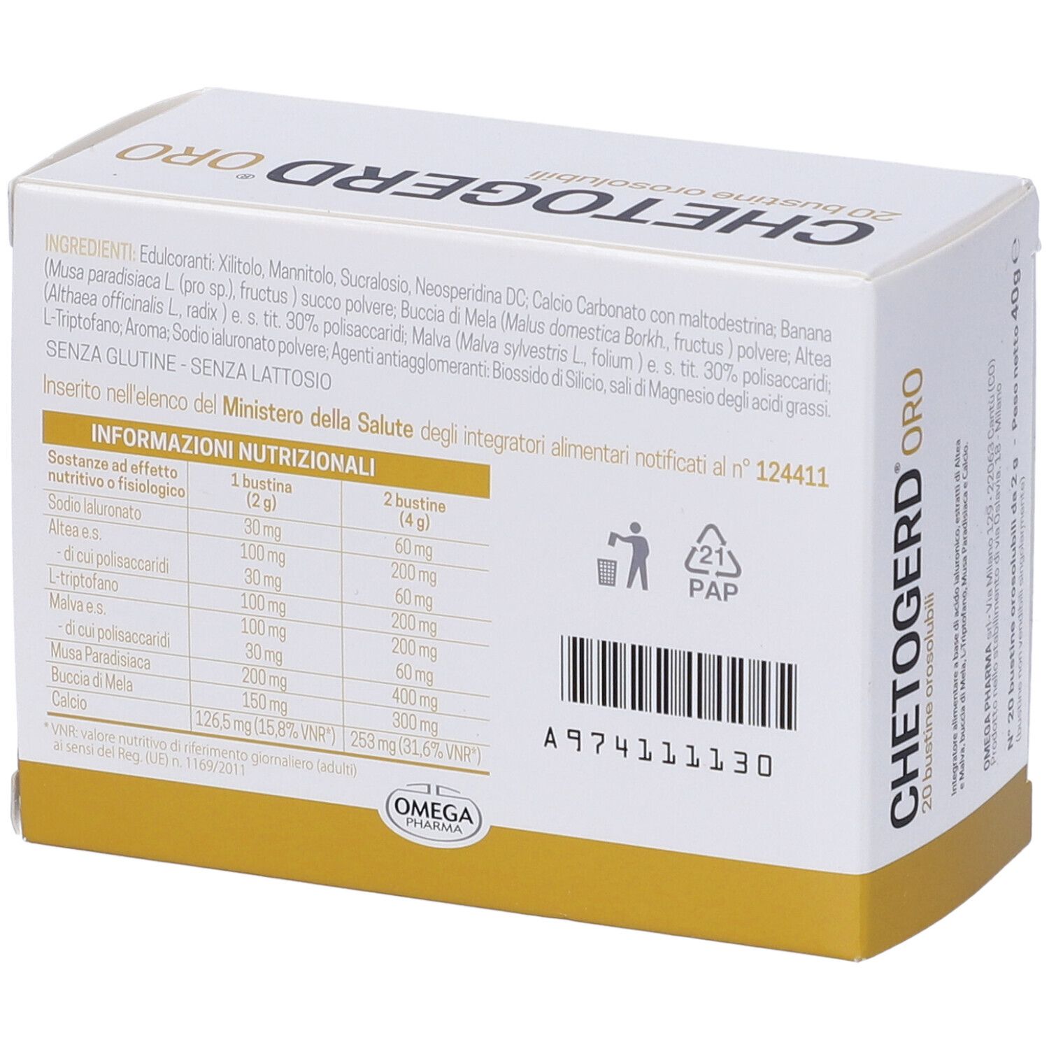 Retro della scatola "Chetogerd Oro". Elenco ingredienti, informazioni nutrizionali, logo Omega Pharma e codice a barre.