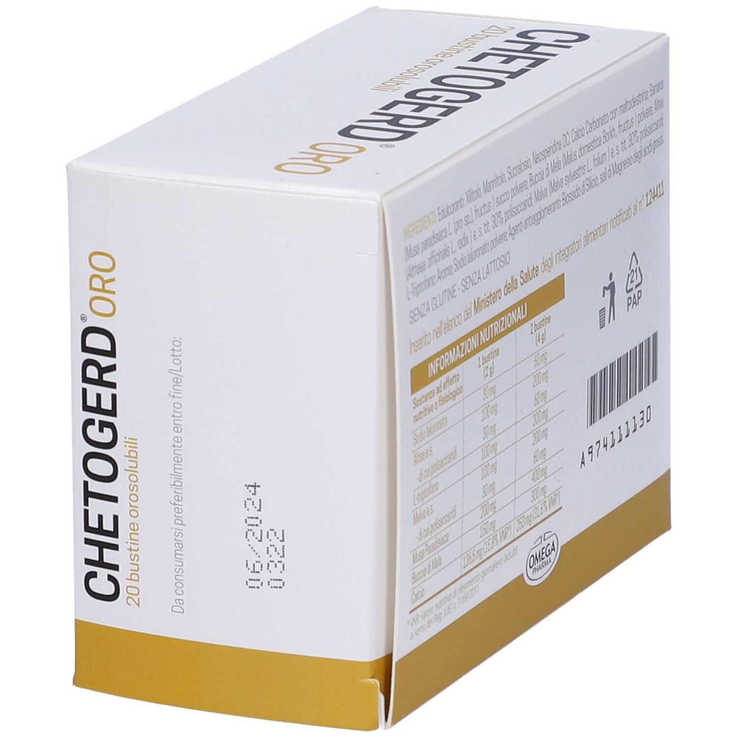 Scatola "Chetogerd Oro" con 20 bustine. Base dorata, logo Omega Pharma. Data di scadenza.