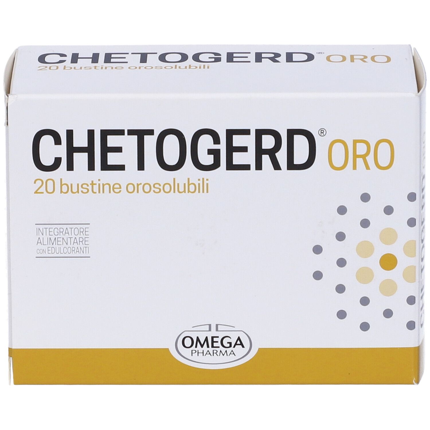 Scatola bianca con logo "Chetogerd Oro" e 20 bustine. Accenti dorati e logo Omega Pharma.