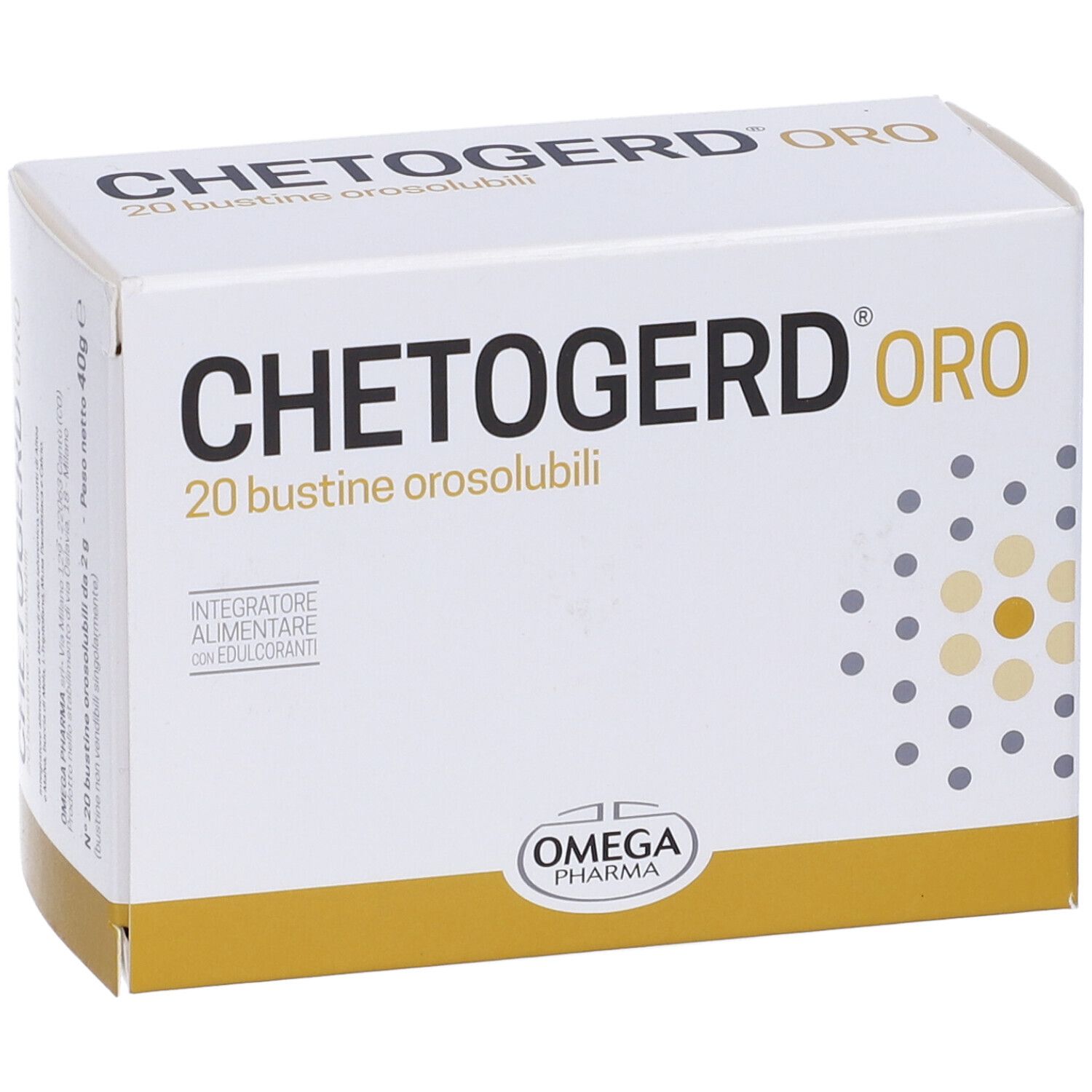 Scatola "Chetogerd Oro" con 20 bustine. Base dorata, logo Omega Pharma. Testo in italiano.