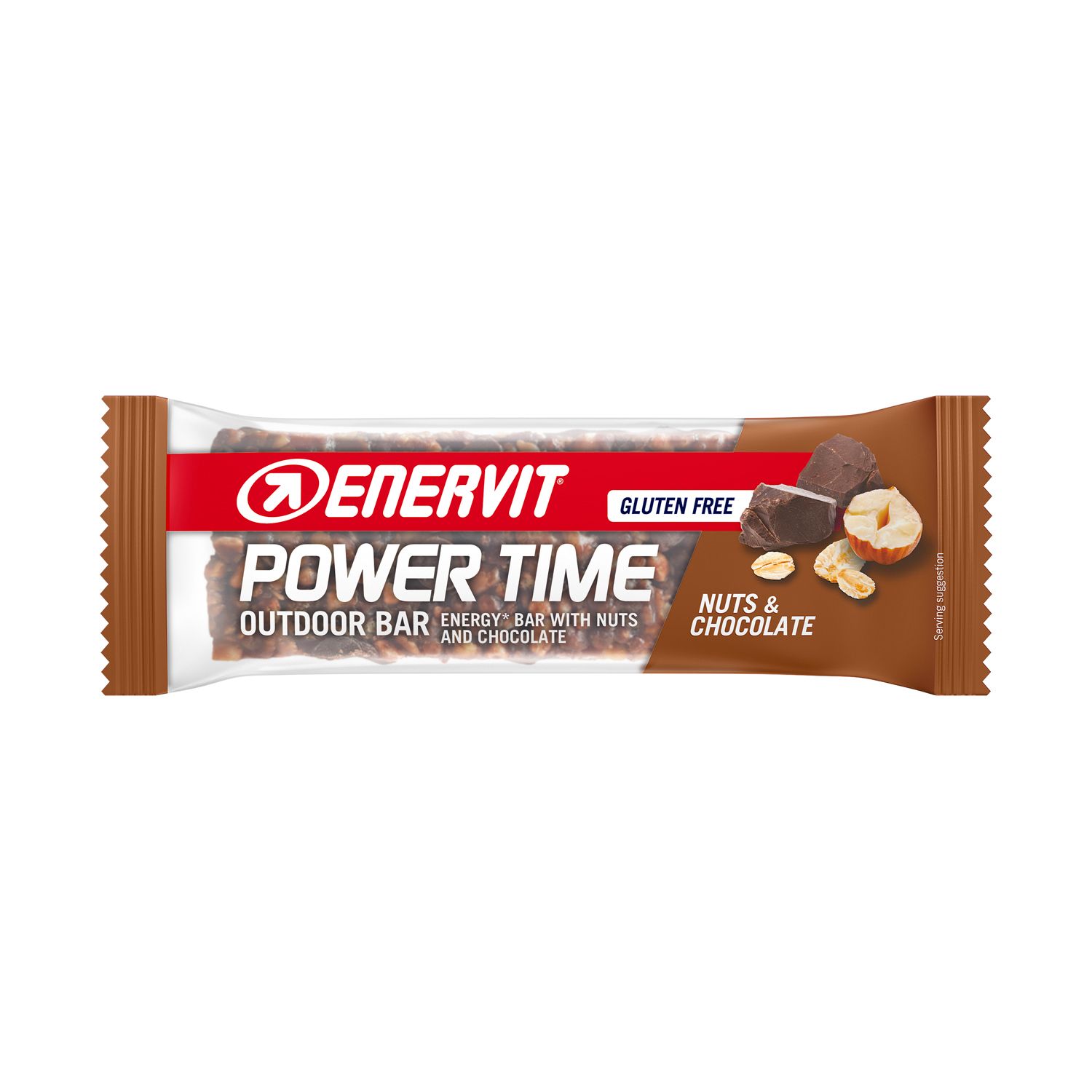 Barretta energetica ENERVIT Power Time, senza glutine, con noci e cioccolato. Confezione con immagine del prodotto.