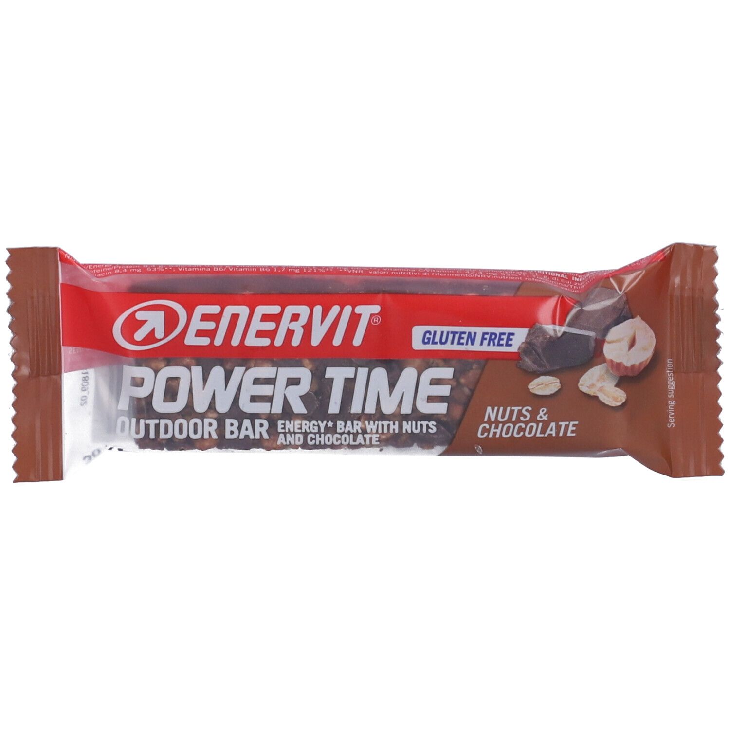 Barretta energetica ENERVIT Power Time, senza glutine, con noci e cioccolato. Confezione, vista frontale.