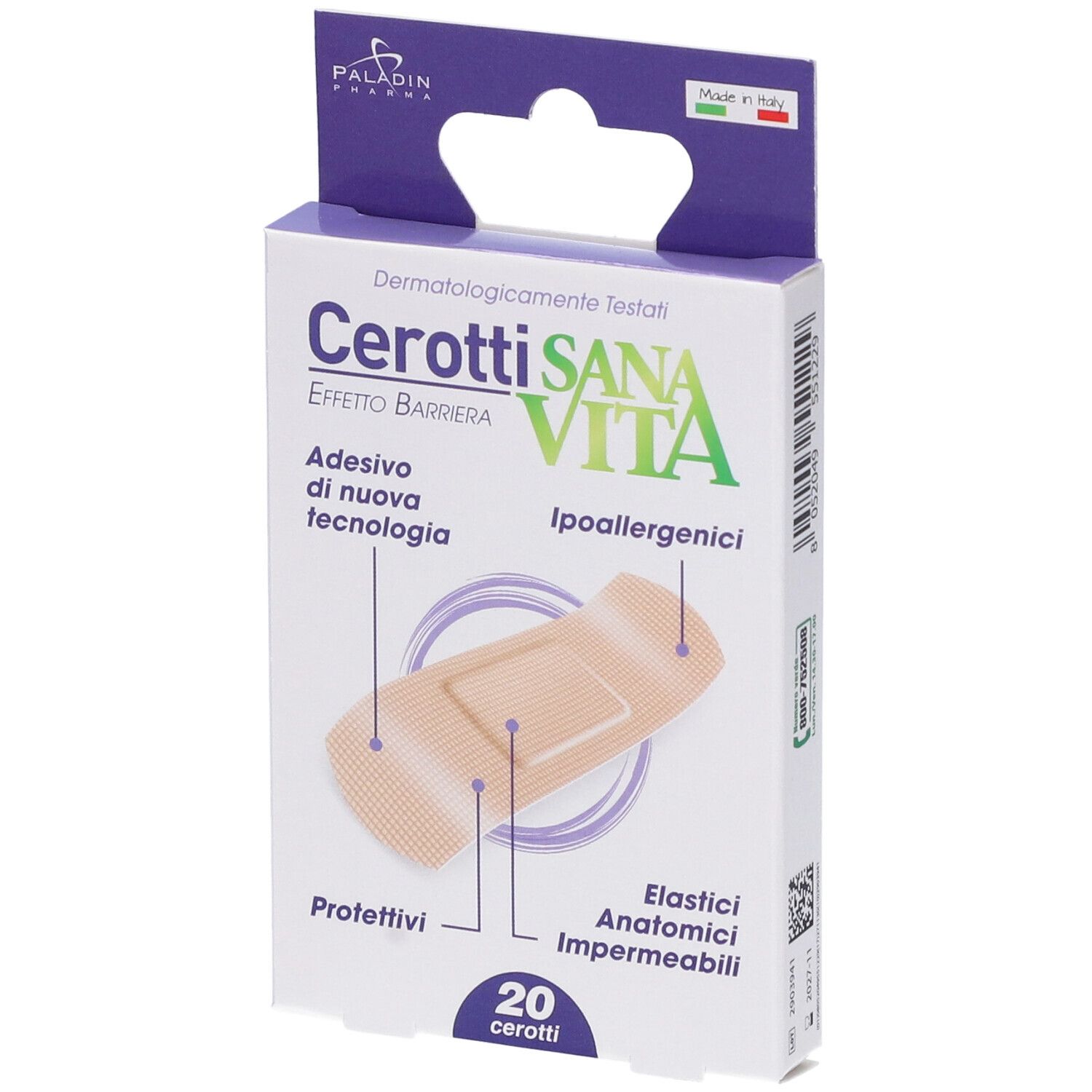 Confezione di cerotti Cerotti Sana Vita, 20 pezzi. Illustrazione di un cerotto. Ipoallergenici.