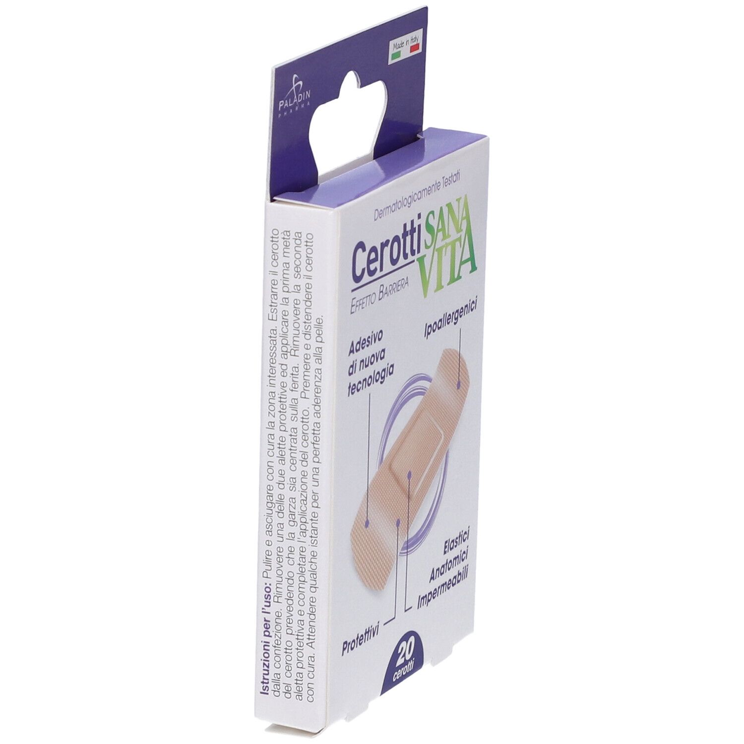 Confezione di cerotti Cerotti Sana Vita, vista laterale. 20 pezzi. Ipoallergenici. Adesivo di nuova tecnologia.