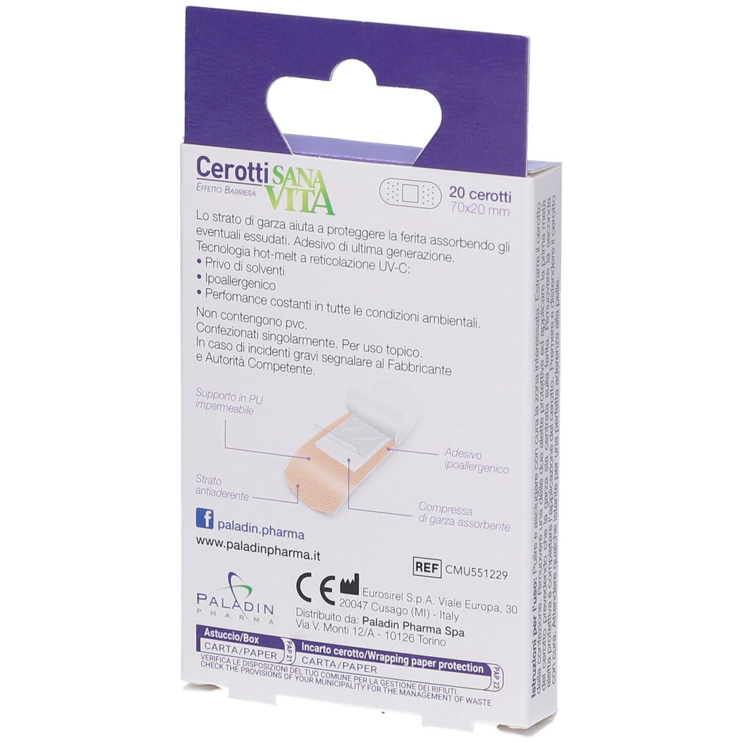 Retro della confezione di cerotti. Cerotti Sana Vita, 20 pezzi, 70x20mm. Ipoallergenici. Made in Italy.
