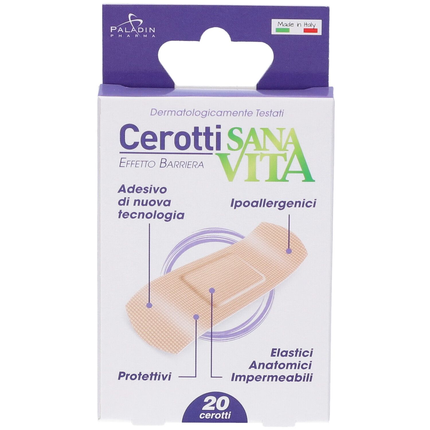 Confezione di cerotti Cerotti Sana Vita, 20 pezzi. Illustrazione di un cerotto. Ipoallergenici. Adesivo di nuova tecnologia.