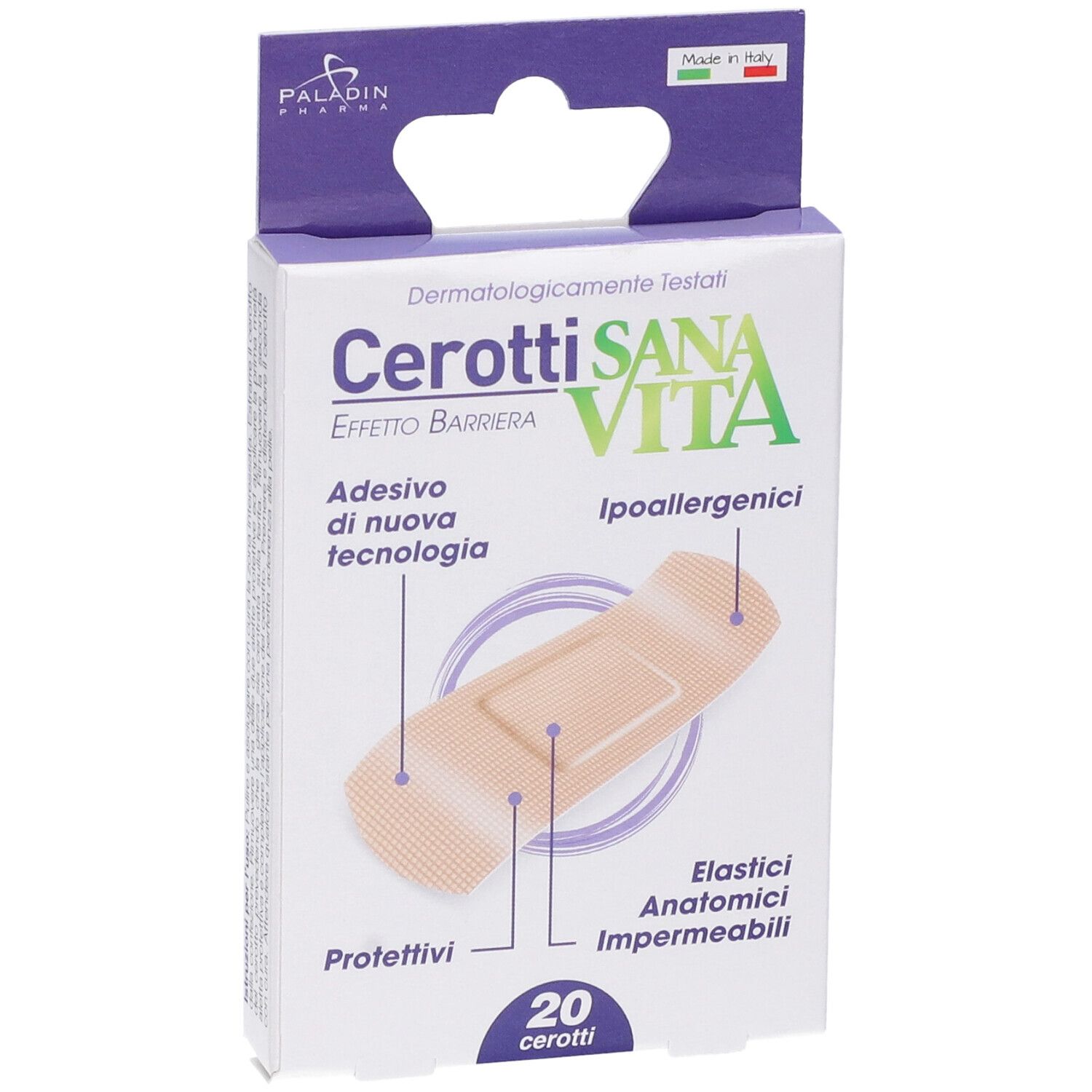 Confezione di cerotti Cerotti Sana Vita, 20 pezzi. Illustrazione di un cerotto. Ipoallergenici. Adesivo di nuova tecnologia.