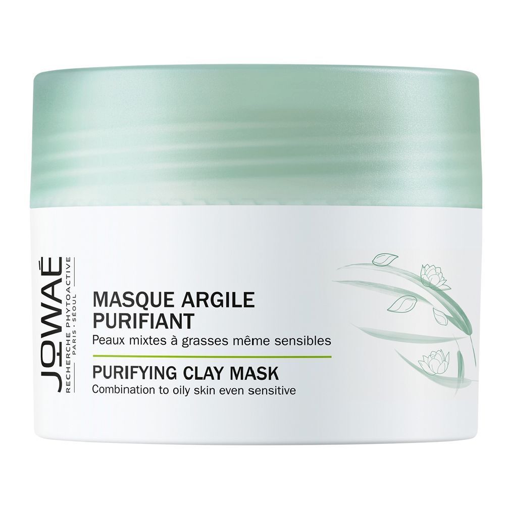 Pot de masque purifiant. Inscription: Masque Argile Purifiant. Pour peaux mixtes à grasses, même sensibles.