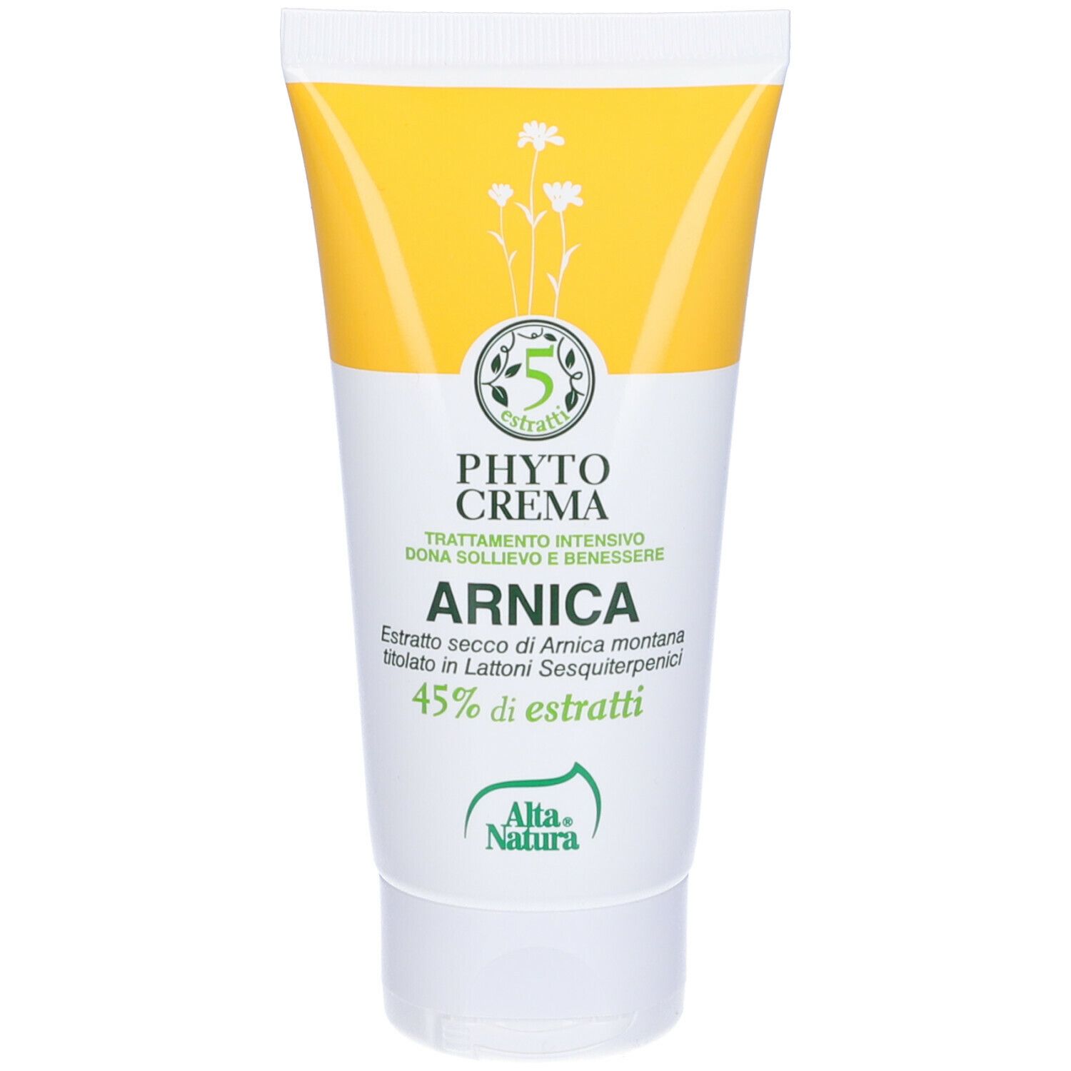 Tubo giallo-bianco. Nome e logo del prodotto sul tubo. Scritta 'Arnica' e '45% di estratti'.