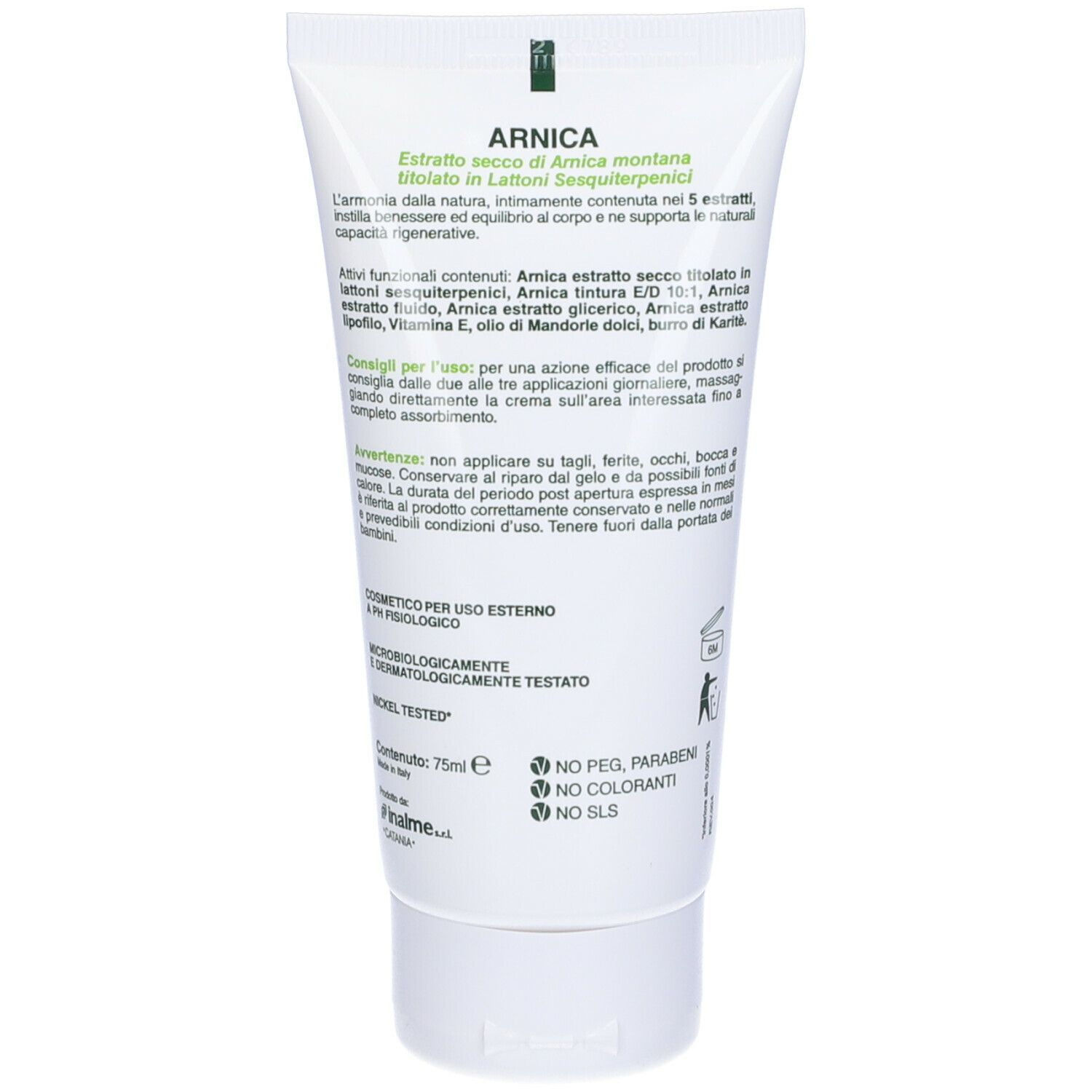 Retro del tubo. Testo con informazioni sul prodotto. Scritta '75ml'. Logo e certificazioni.