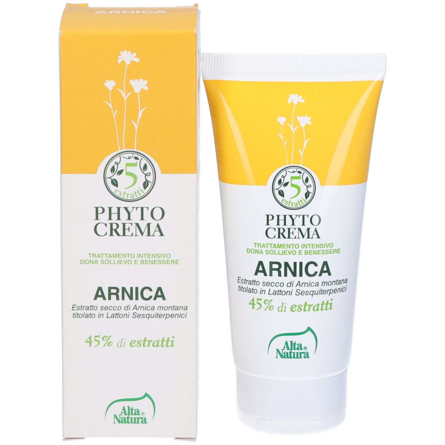 Tubo e scatola di crema. Tubo giallo-bianco con nome e logo del prodotto. Scatola con informazioni e logo del prodotto.