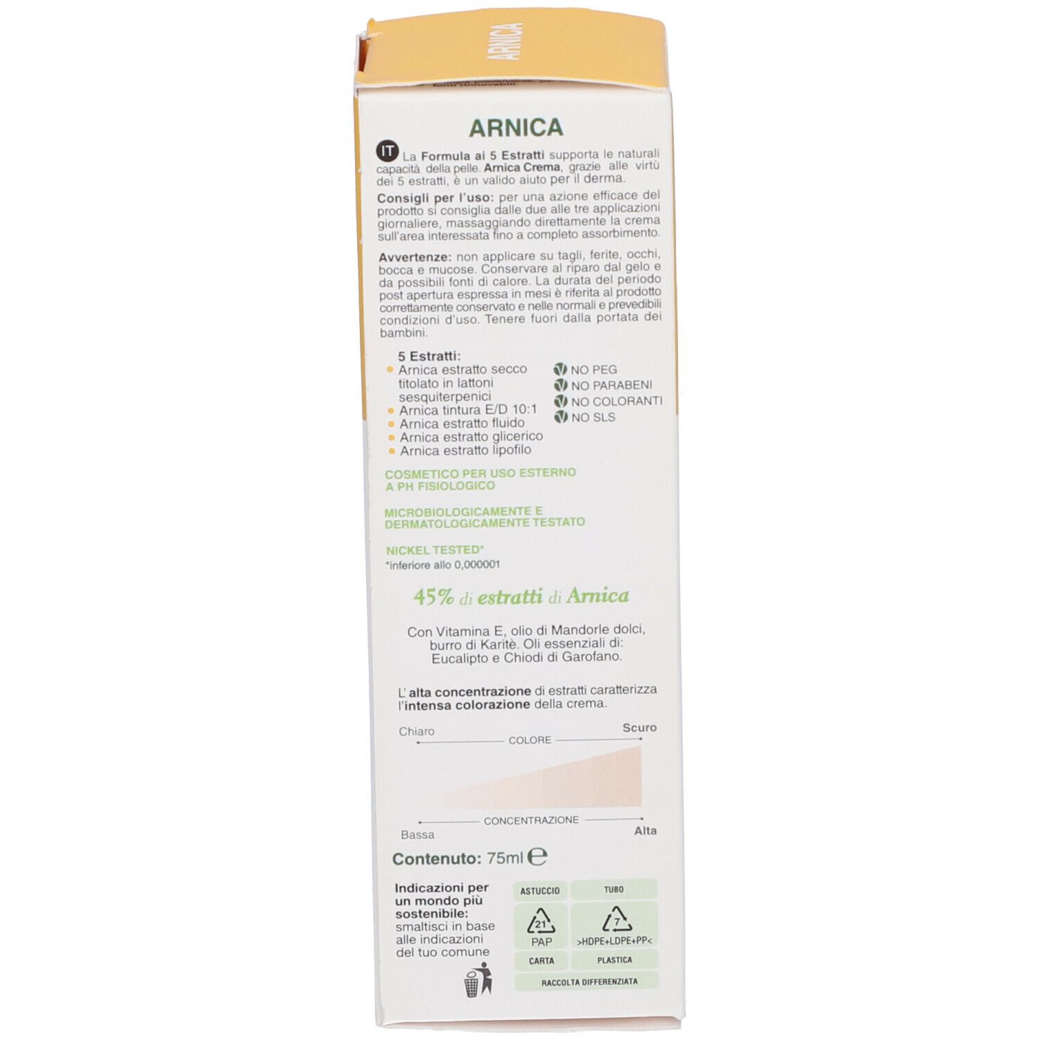 Retro della scatola. Testo con informazioni sul prodotto. Scritta '75ml'. Logo e certificazioni.