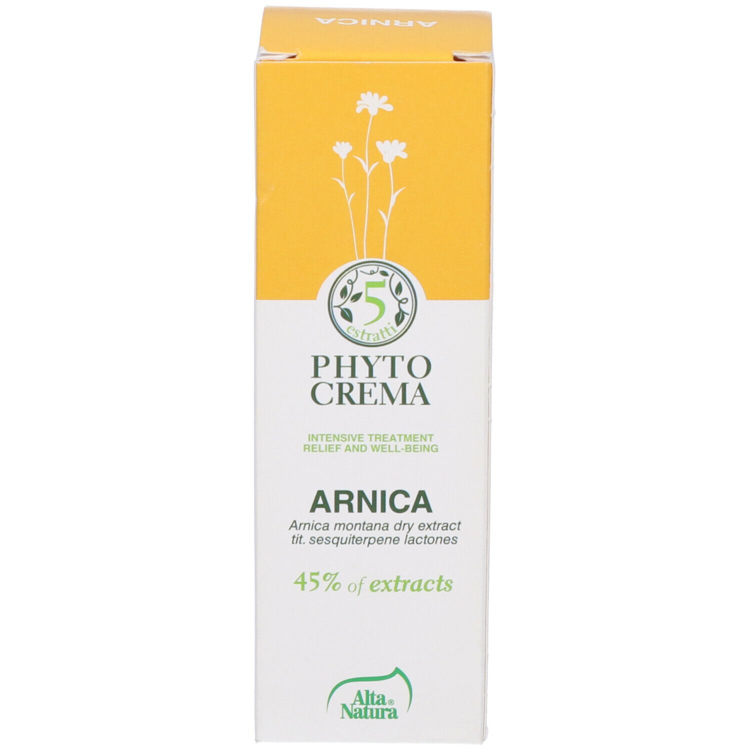 Scatola gialla. Nome e logo del prodotto. Scritta 'Arnica' e '45% of extracts'.