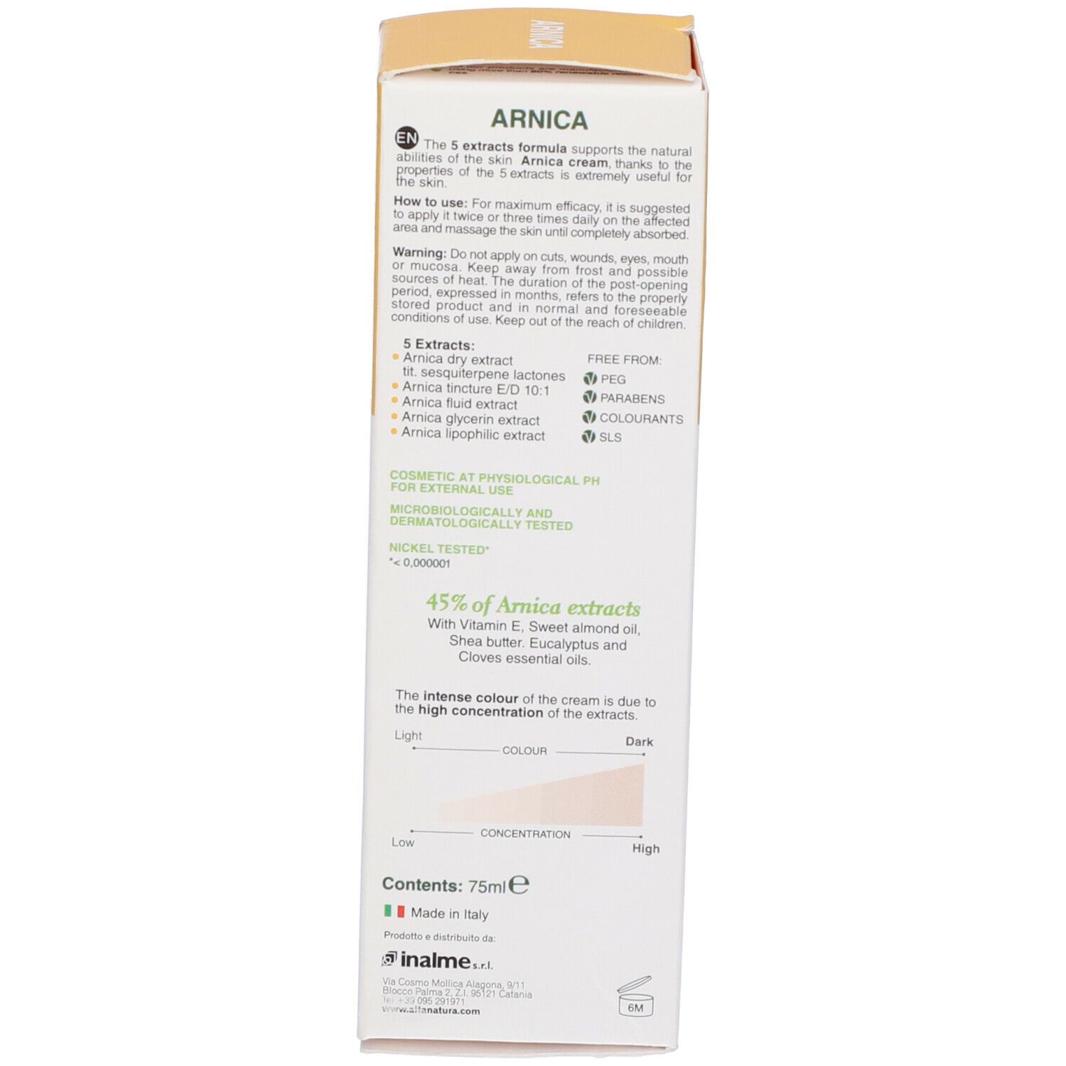 Retro della scatola. Testo con informazioni sul prodotto. Scritta '75ml'. Logo e certificazioni.
