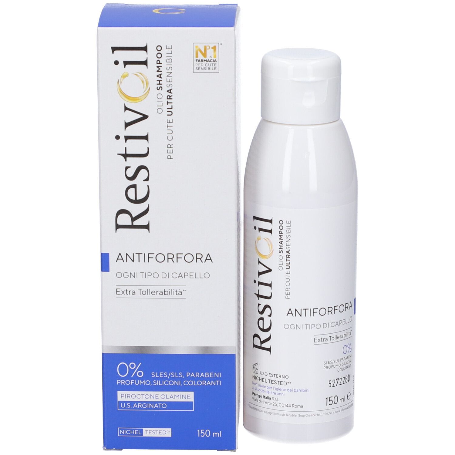 Restivoil Antiforfora Shampoo und Verpackung. Weiße Flasche neben blauer Schachtel. 0% SLES/SLS/Parabene.