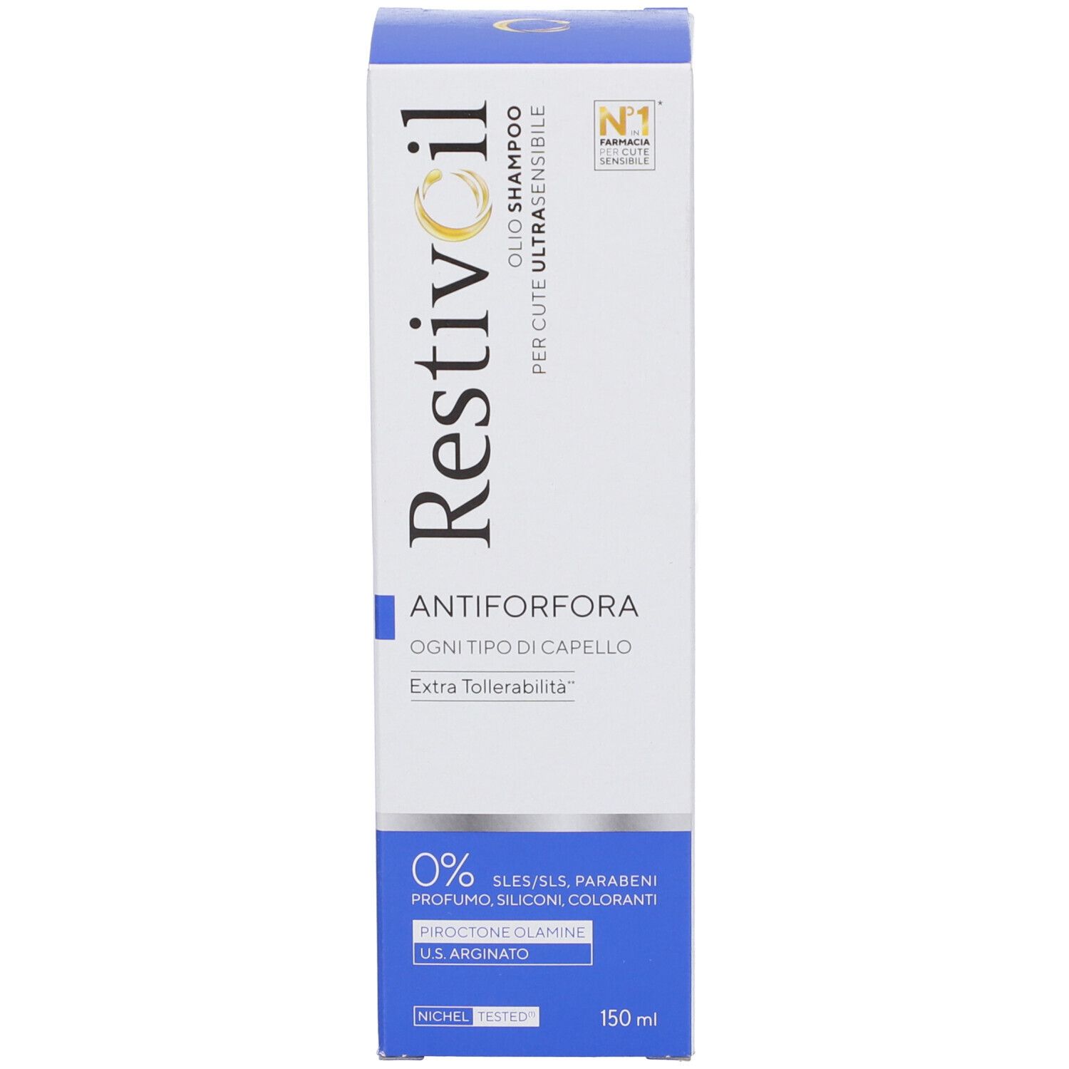 Blaue Verpackung von Restivoil Antiforfora Shampoo. Aufschrift: Antiforfora, 0% SLES/SLS/Parabene. 150 ml.