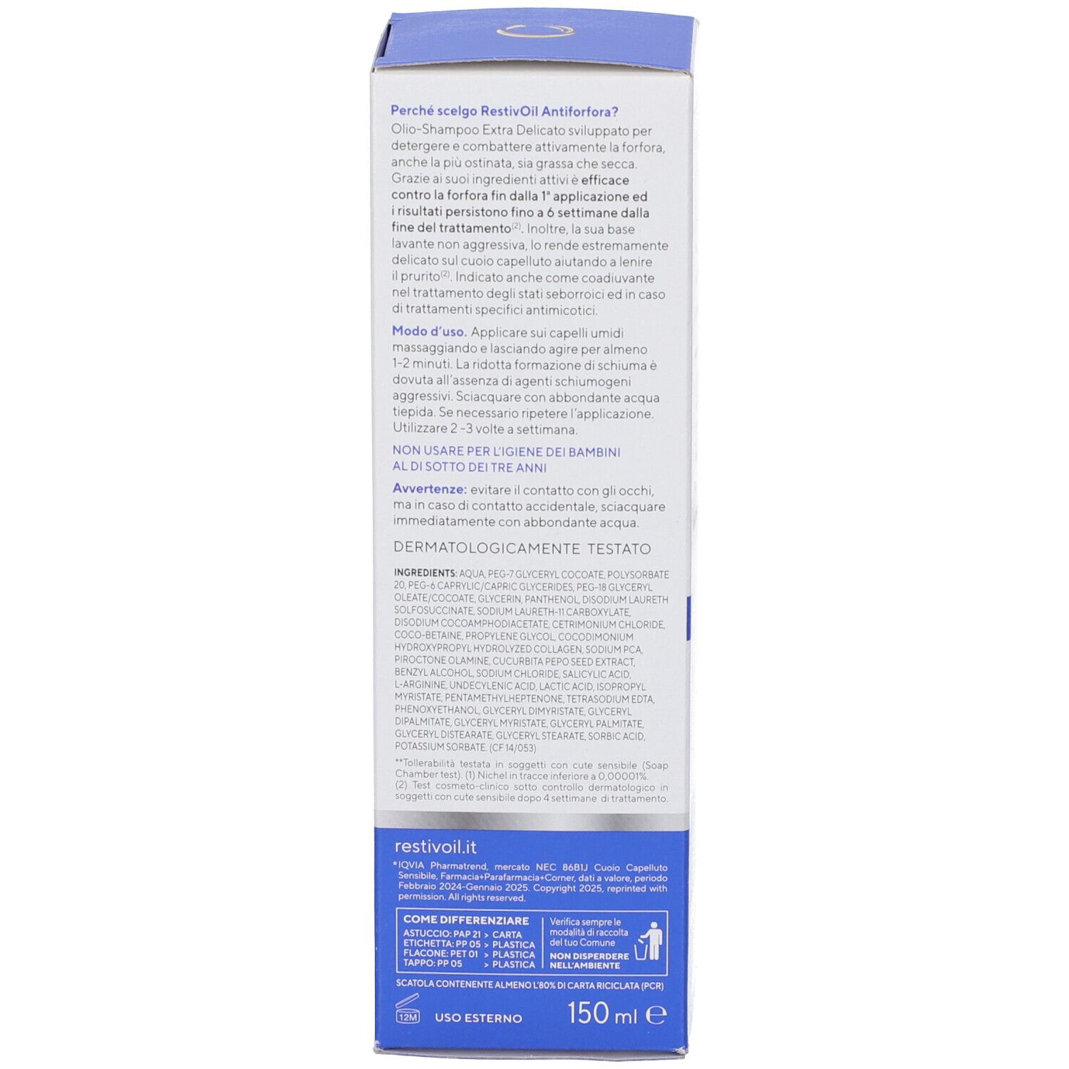 Rückseite der blauen Verpackung von Restivoil Antiforfora. Text über Anwendung und Inhaltsstoffe. 150 ml.