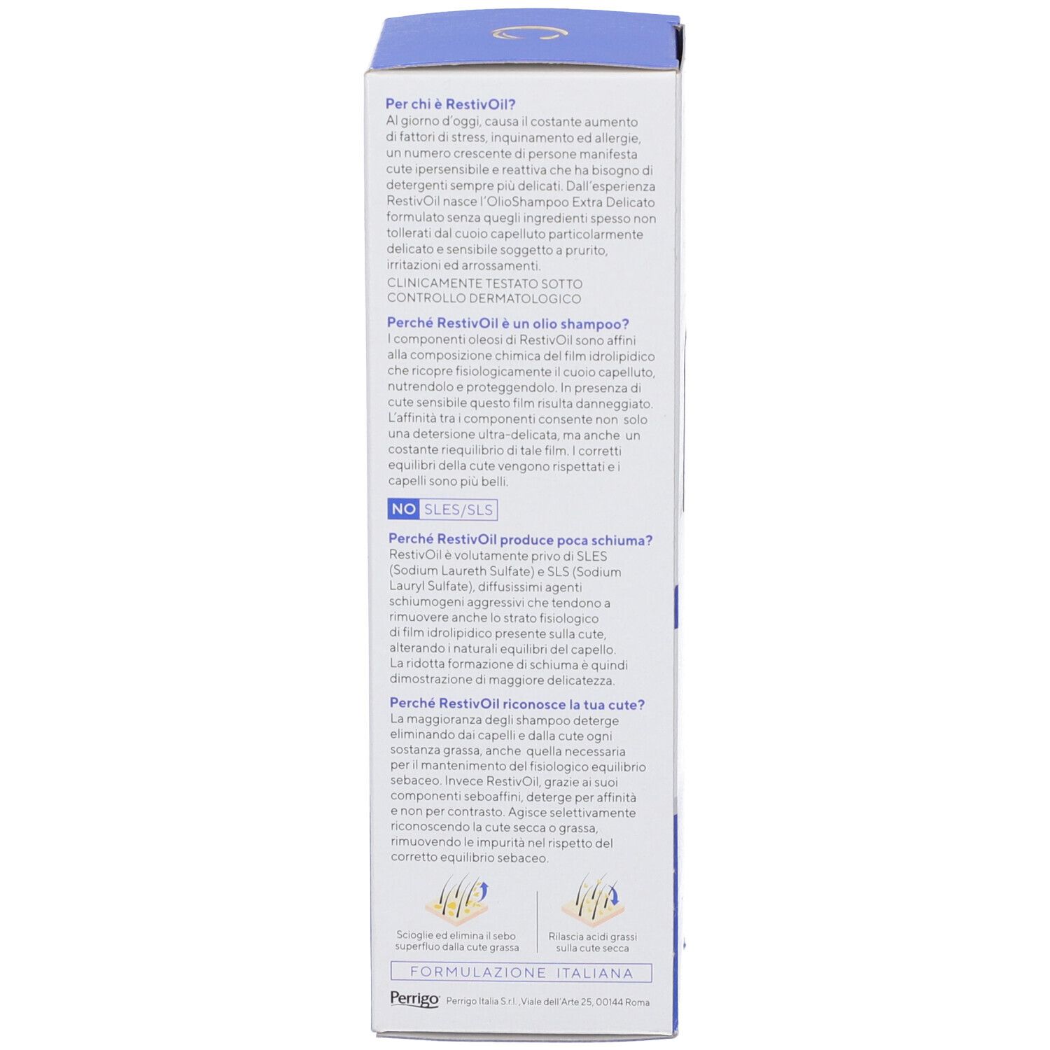 Text auf der blauen Verpackung von Restivoil Antiforfora. Informationen zur Zusammensetzung und Wirkung.