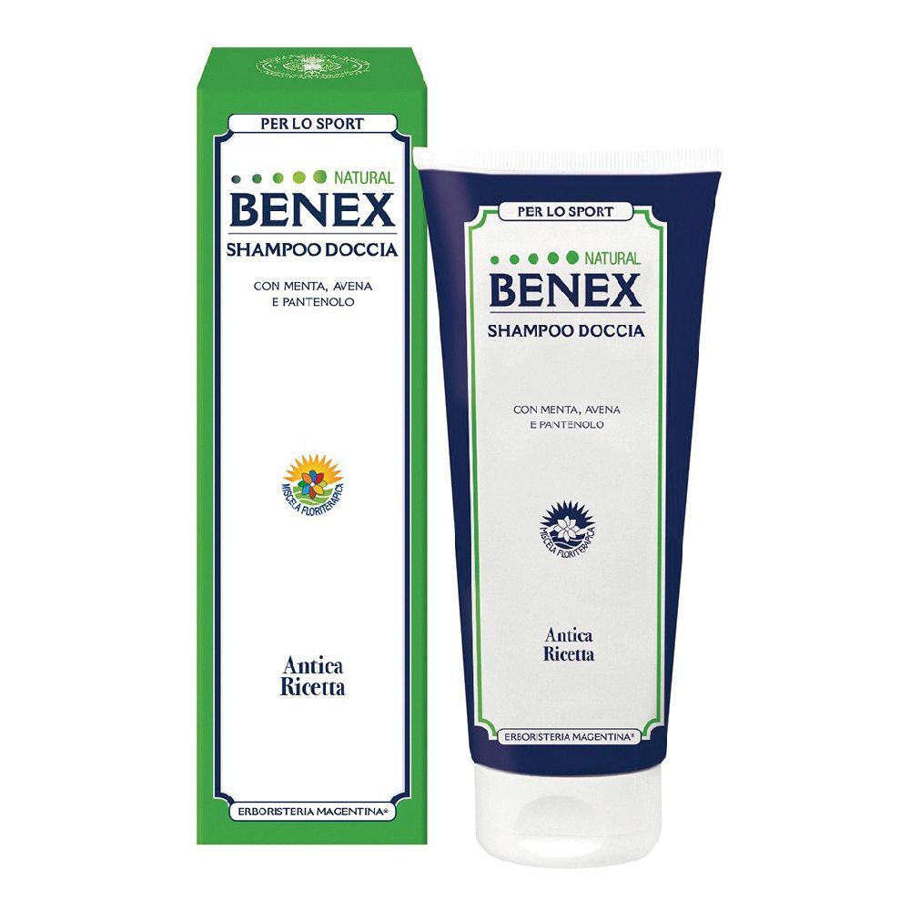 Tubo e confezione di Benex Shampoo Doccia. Confezione verde e bianca, tubo blu. Testo: Benex, Shampoo Doccia, Antica Ricetta.