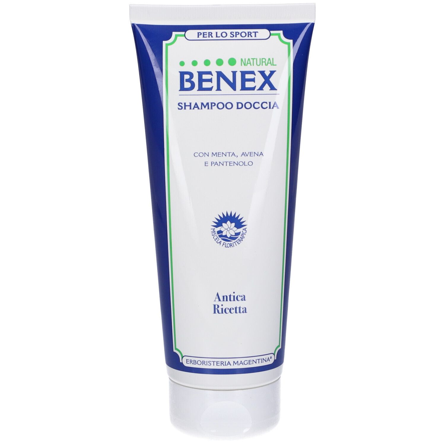Tubo blu di Benex Shampoo Doccia. Tappo bianco. Testo: Benex, Shampoo Doccia, Antica Ricetta.