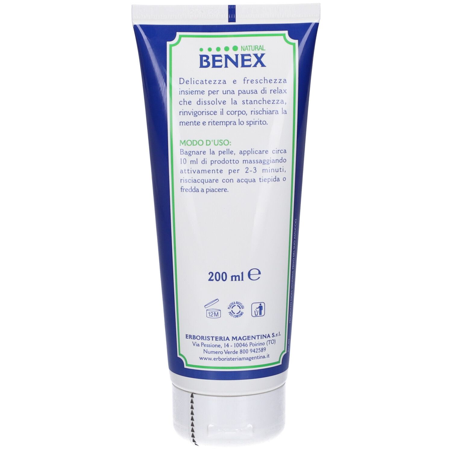 Retro del tubo blu di Benex Shampoo Doccia. Testo: 200 ml, Modo d'uso, Erboristeria Magentina.